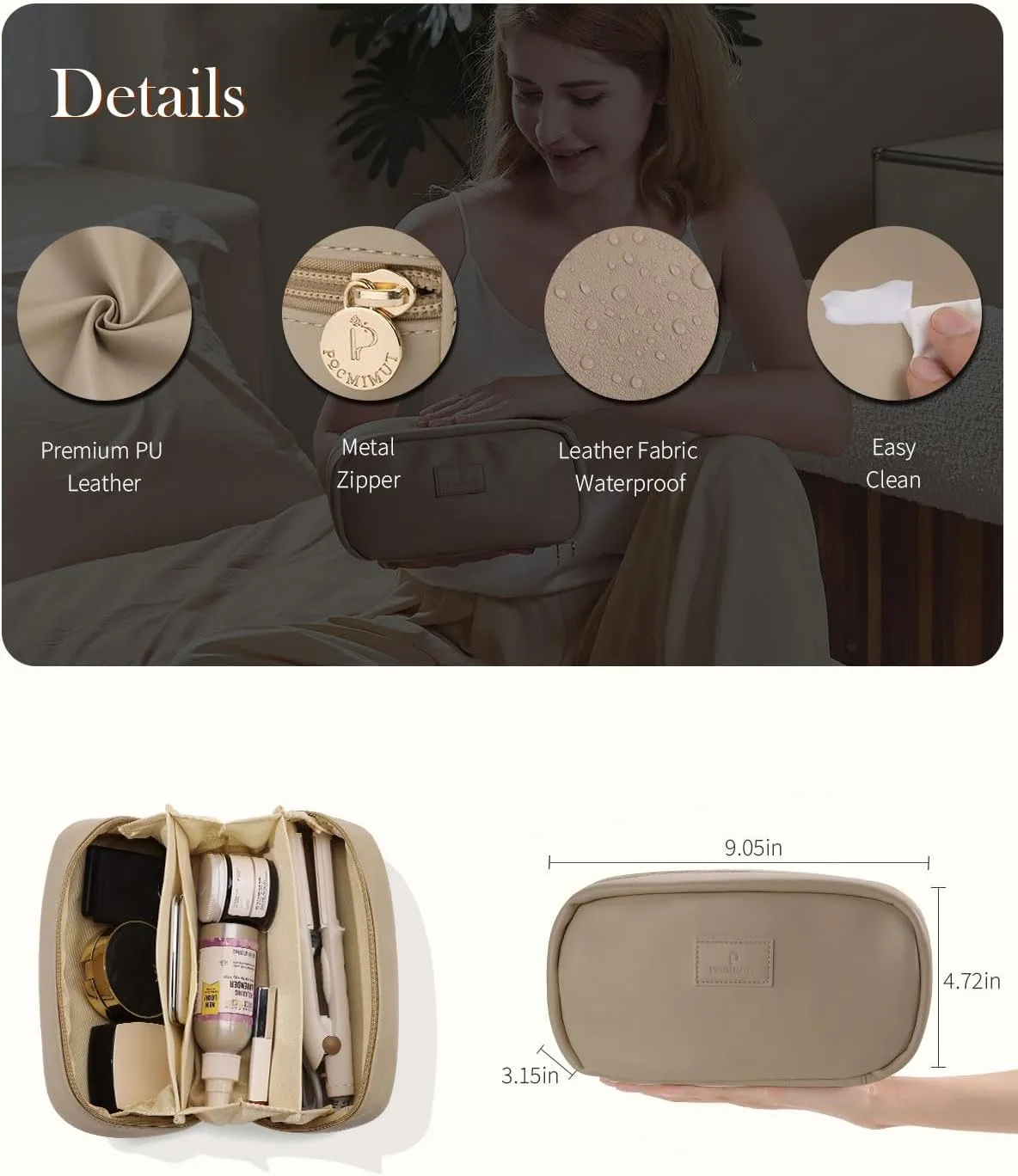 Pocmimut 2Pack Open Flat Small Makeup Bag with Large Makeup Bag Birthday Christmas Gifts for Mom and Lover,Apricot
