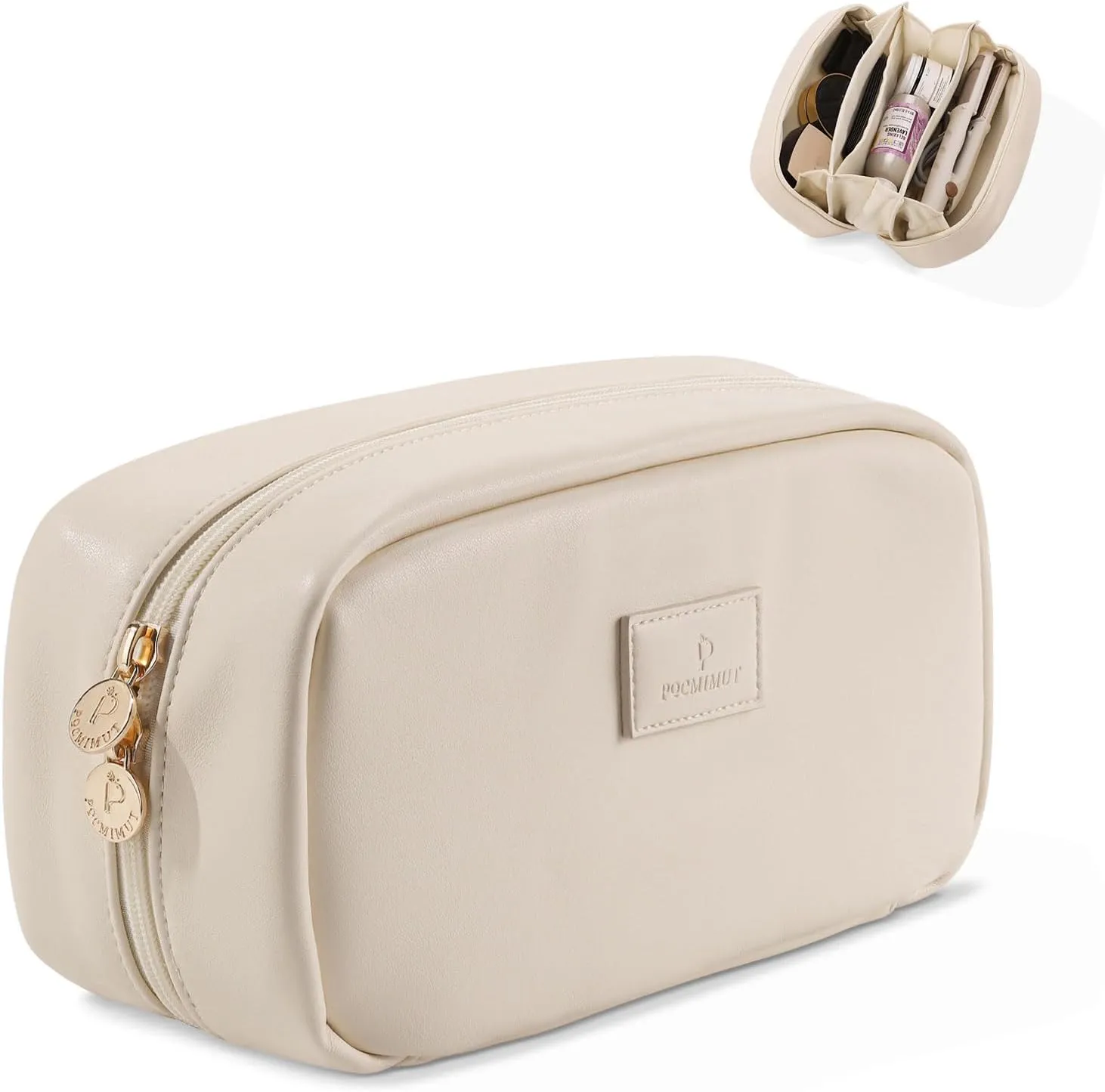Pocmimut Christmas Gifts, Makeup Bag Travel Accessories for Women,Open Flat Make Pouch Christmas Birthday Gifts for Mom and Lover,Beige