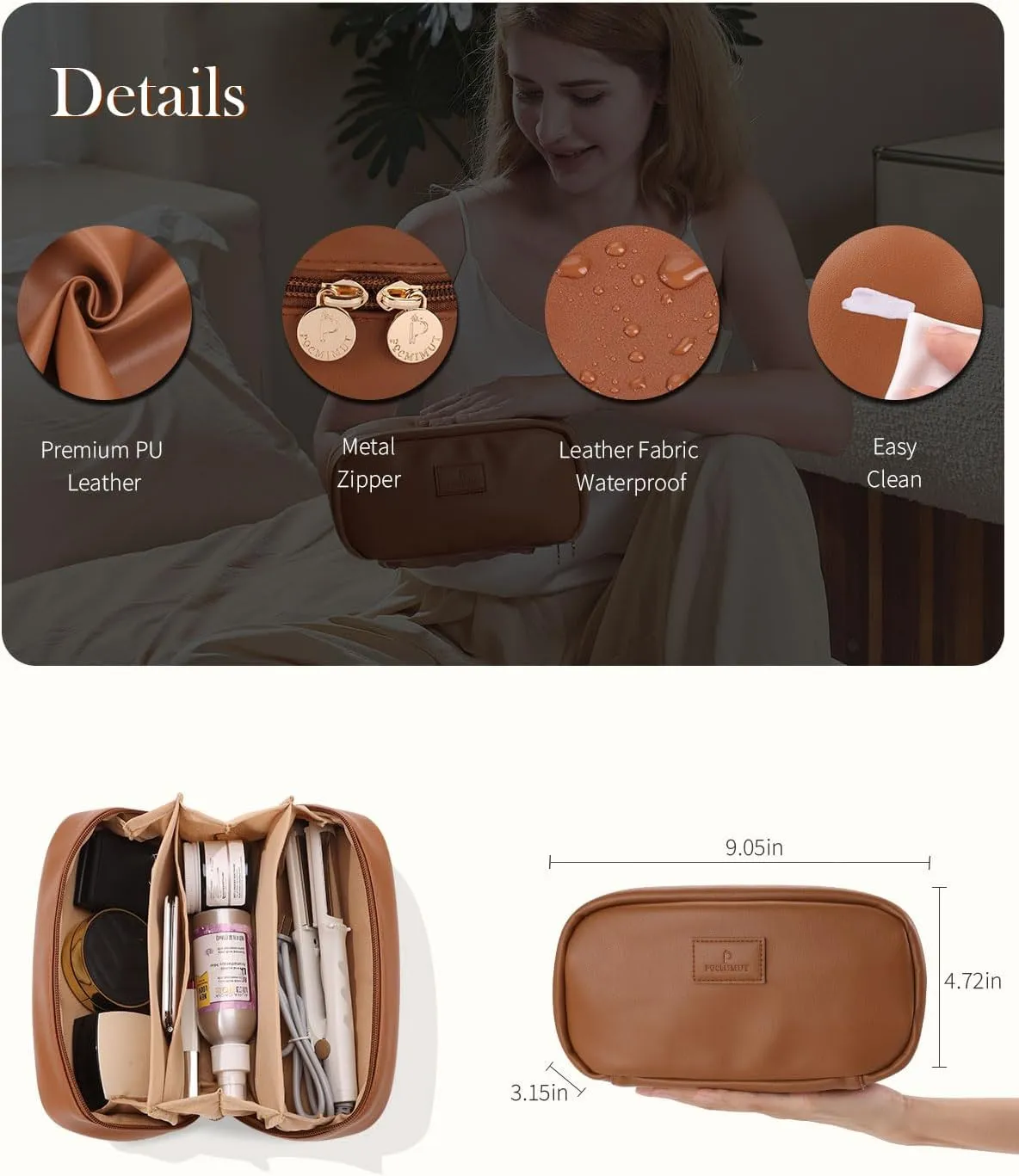 Pocmimut Christmas Gifts, Makeup Bag Travel Accessories for Women,Open Flat Make Pouch Christmas Birthday Gifts for Mom and Lover,Brown