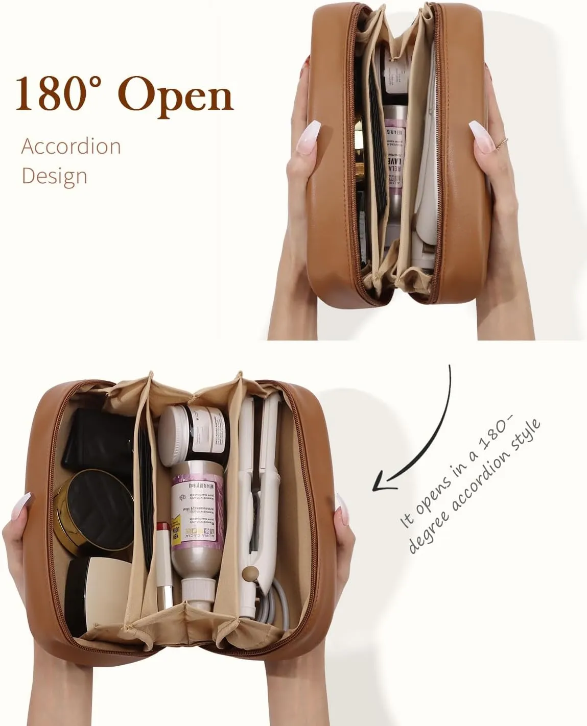 Pocmimut Christmas Gifts, Makeup Bag Travel Accessories for Women,Open Flat Make Pouch Christmas Birthday Gifts for Mom and Lover,Brown