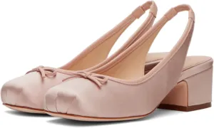 Slingback Ballet Heels for Women Cute Bow Square Toe Low Chunky Heel Ballerina Pumps Comfort Satin Mary Jane Heels Shoes with Elastic Rear Strap