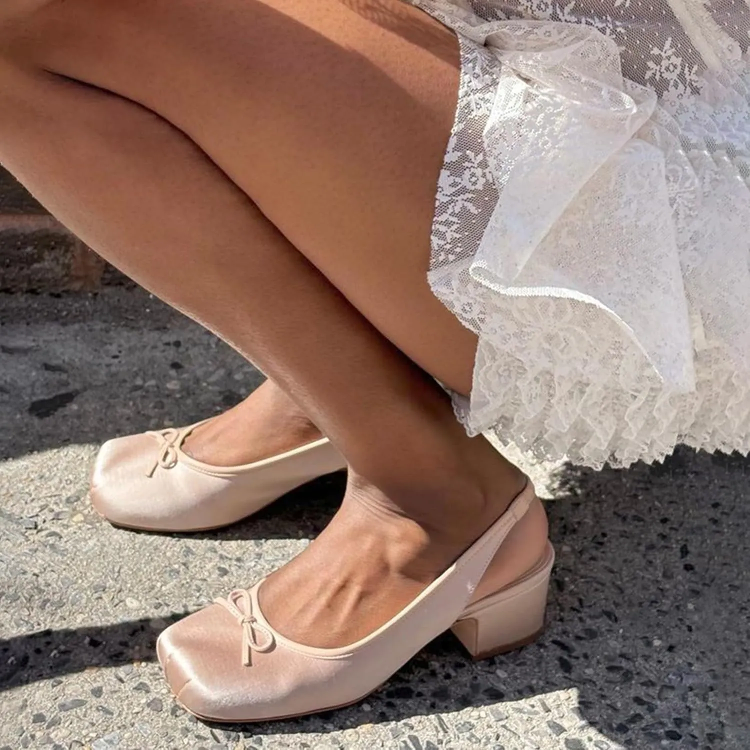 Slingback Ballet Heels for Women Cute Bow Square Toe Low Chunky Heel Ballerina Pumps Comfort Satin Mary Jane Heels Shoes with Elastic Rear Strap