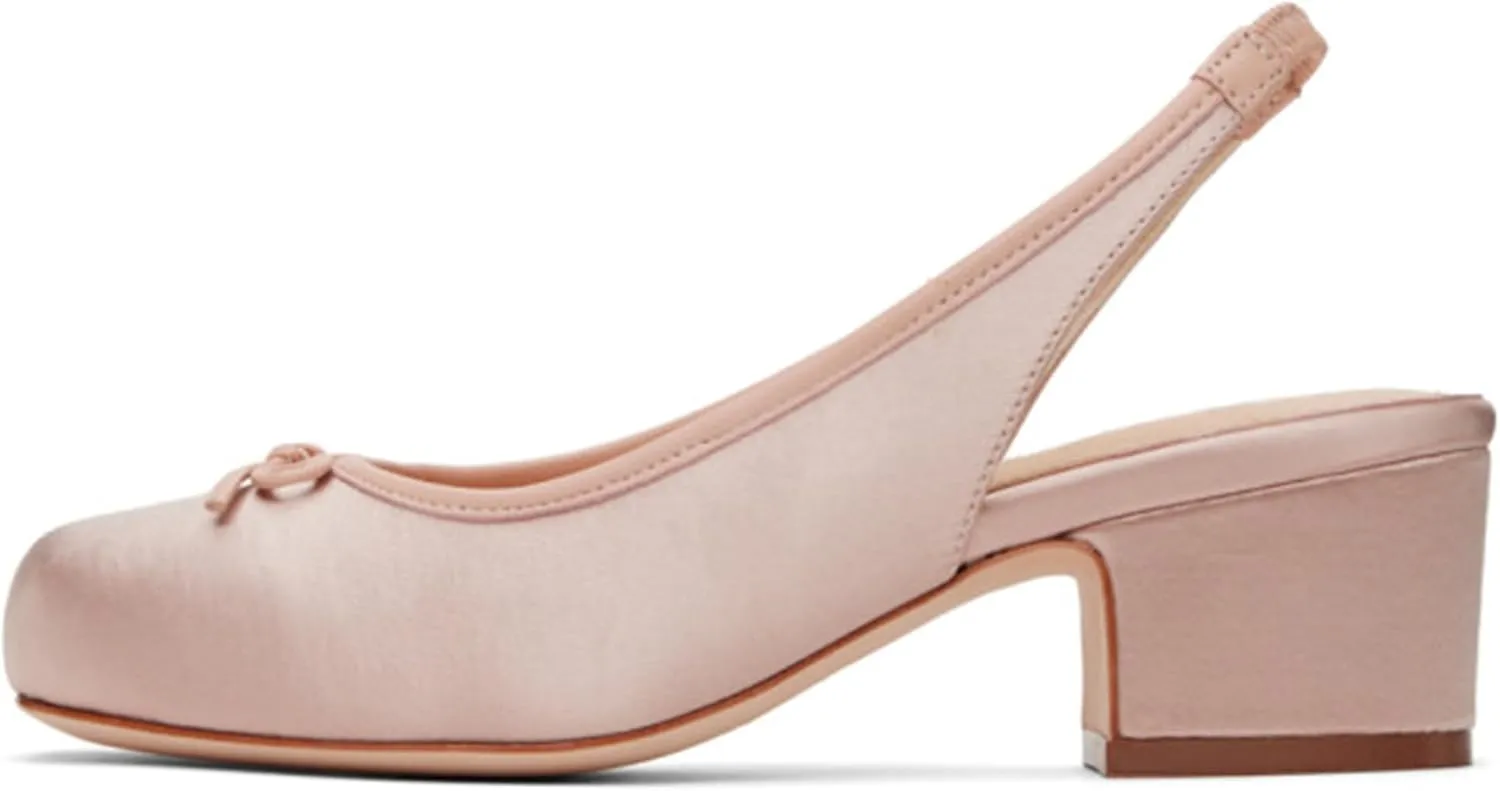 Slingback Ballet Heels for Women Cute Bow Square Toe Low Chunky Heel Ballerina Pumps Comfort Satin Mary Jane Heels Shoes with Elastic Rear Strap