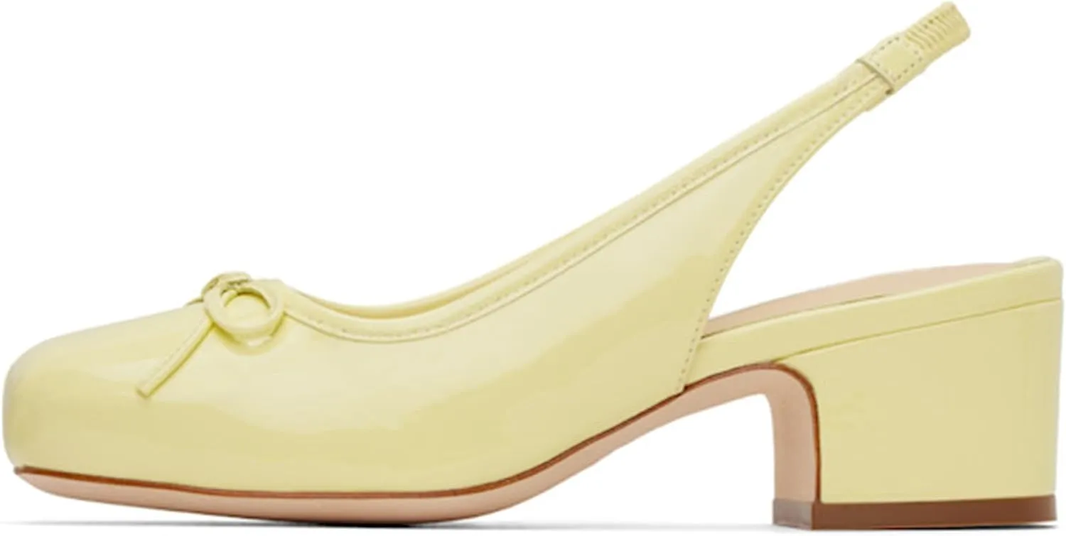 Slingback Ballet Heels for Women Cute Bow Square Toe Low Chunky Heel Ballerina Pumps Comfort Satin Mary Jane Heels Shoes with Elastic Rear Strap