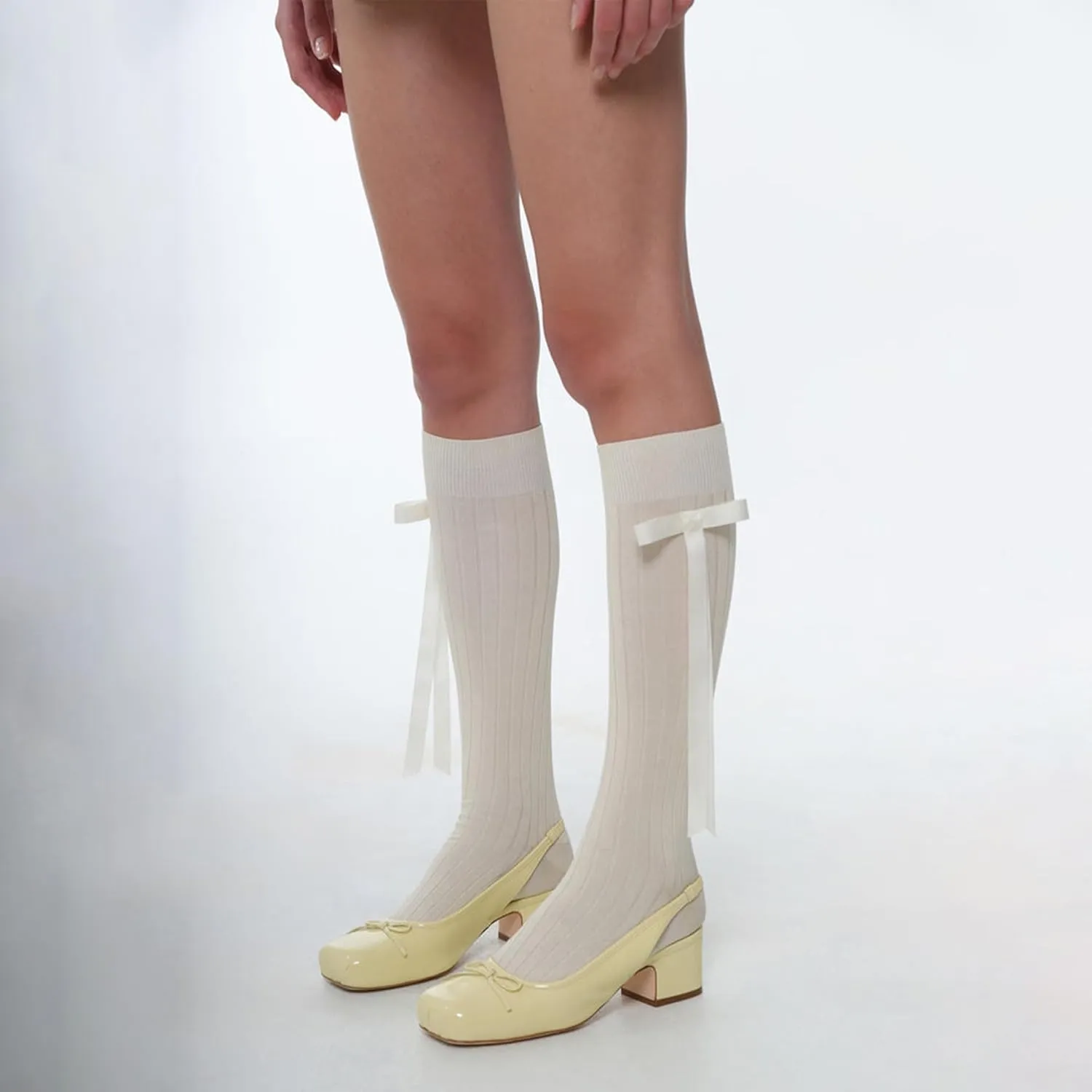 Slingback Ballet Heels for Women Cute Bow Square Toe Low Chunky Heel Ballerina Pumps Comfort Satin Mary Jane Heels Shoes with Elastic Rear Strap