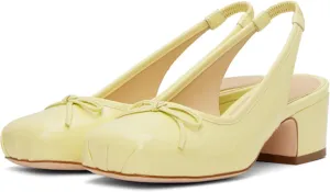 Slingback Ballet Heels for Women Cute Bow Square Toe Low Chunky Heel Ballerina Pumps Comfort Satin Mary Jane Heels Shoes with Elastic Rear Strap