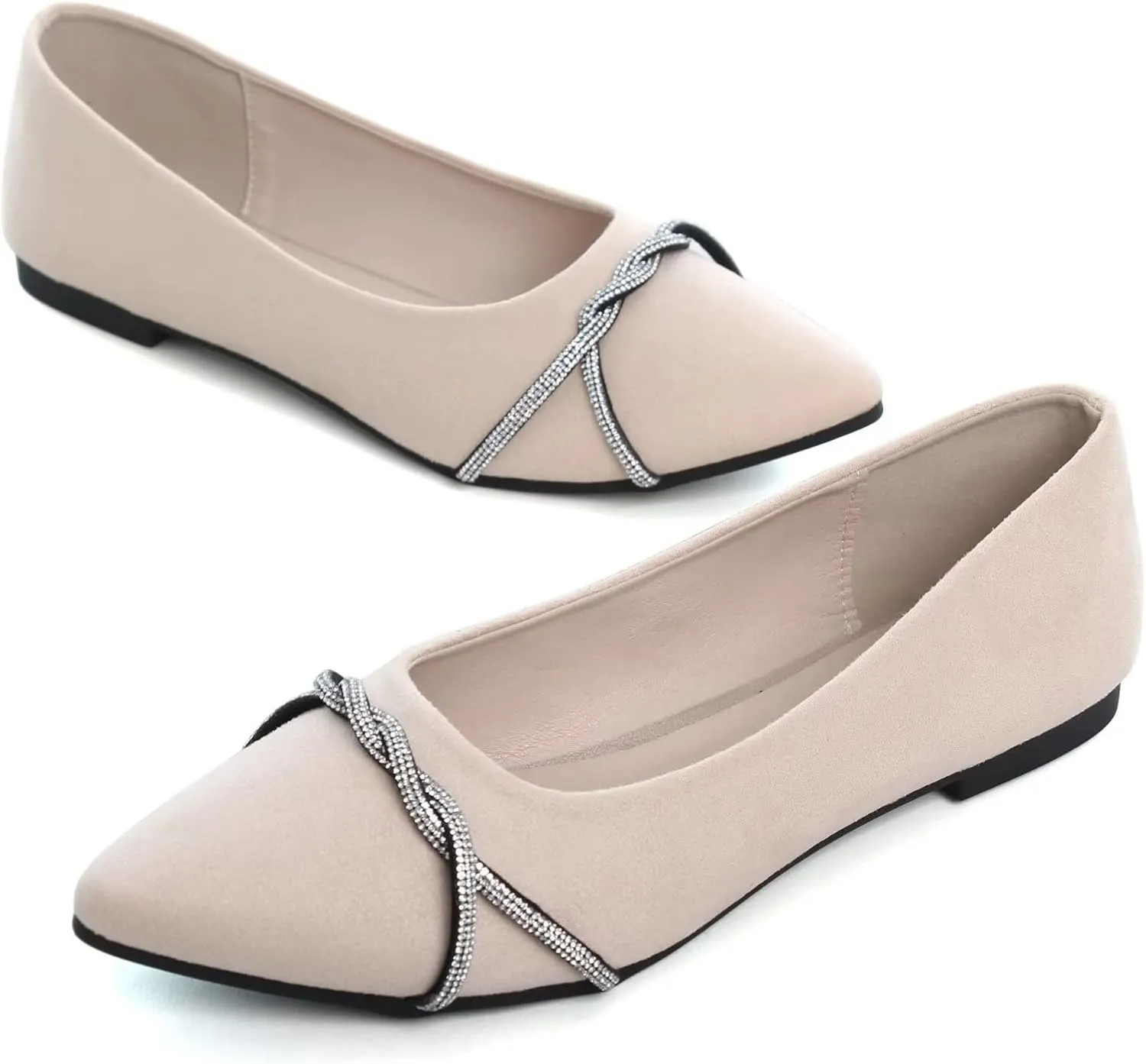 Stunner Women's Pointy Toe Diamond Chain Slip on Ballet Flats Formal Dress Flat Shoes for Working