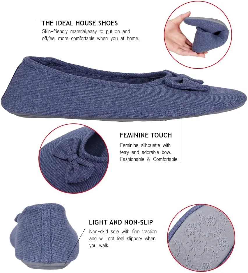 Urbancolor Women's Washable Memory Foam Ballerina Slippers Light Weight Terry Cloth House Shoes/Stretchable Heel Design
