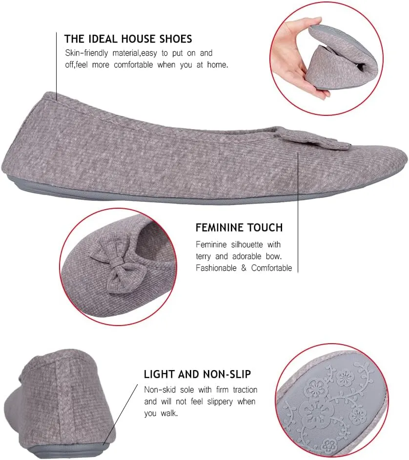 Urbancolor Women's Washable Memory Foam Ballerina Slippers Light Weight Terry Cloth House Shoes/Stretchable Heel Design