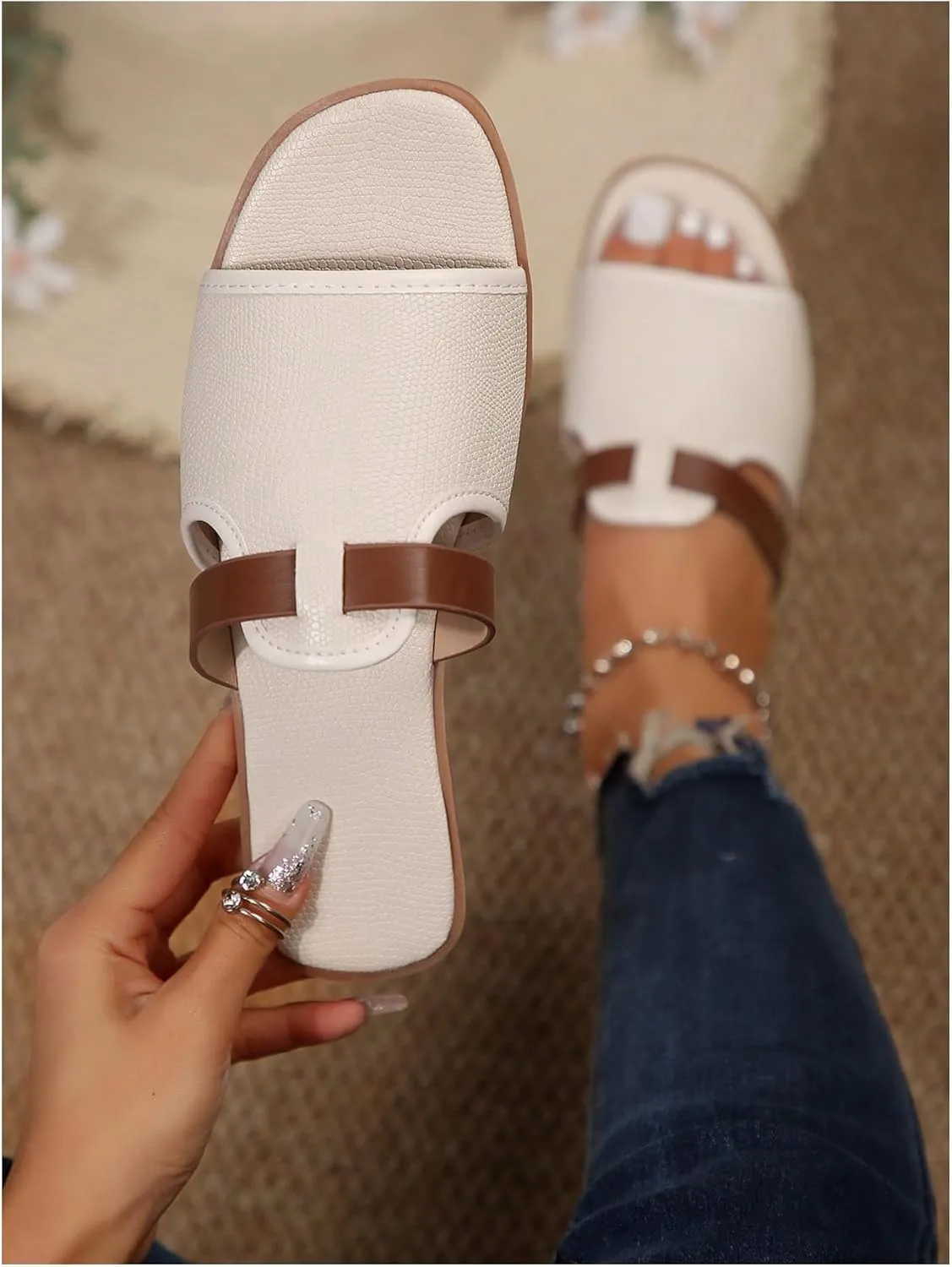 Verdusa Women's Cut Out Open Toe Flat Sandals Slip On Leather Slides Sandal