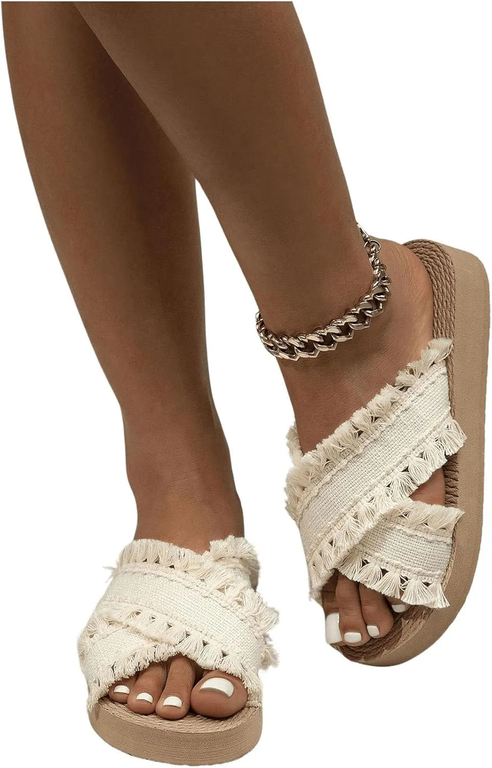 Verdusa Women's Fringe Criss Cross Strap Summer Sandals Slip On Slides Outdoor Shoes