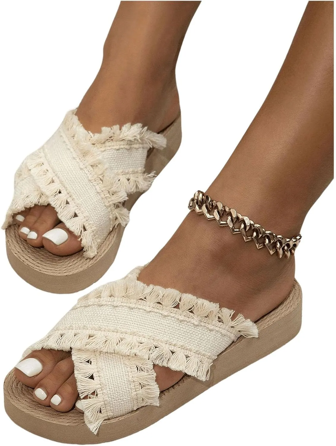 Verdusa Women's Fringe Criss Cross Strap Summer Sandals Slip On Slides Outdoor Shoes