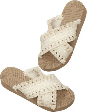 Verdusa Women's Fringe Criss Cross Strap Summer Sandals Slip On Slides Outdoor Shoes