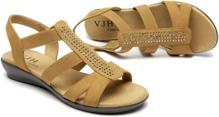 VJH confort Women's Comfort Flat Sandals Summer,with Rhinestone Open Toe Elastic Slip On Slingback Casual Walking Low Heele Sandals