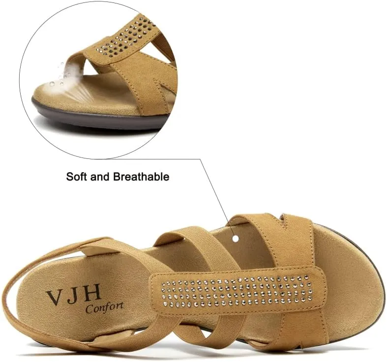 VJH confort Women's Comfort Flat Sandals Summer,with Rhinestone Open Toe Elastic Slip On Slingback Casual Walking Low Heele Sandals