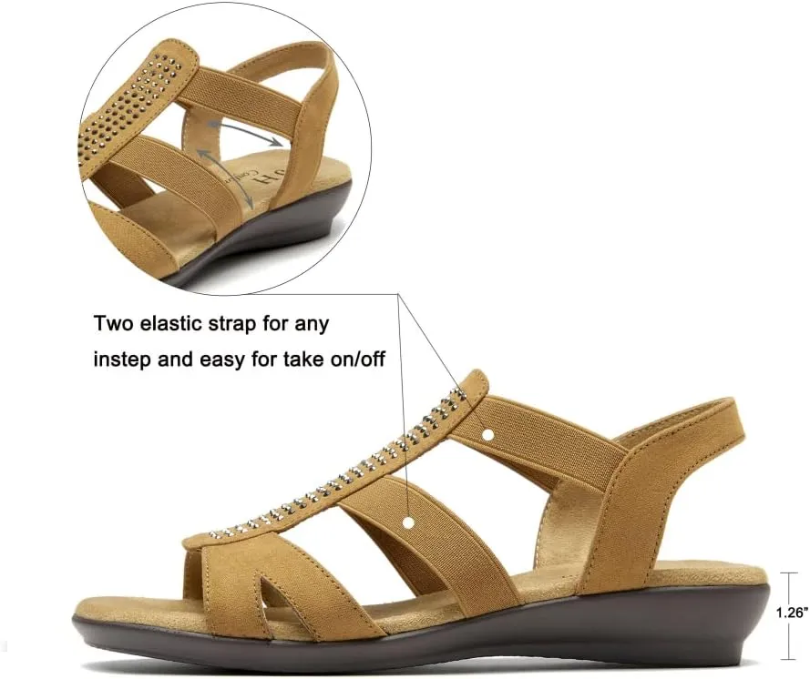 VJH confort Women's Comfort Flat Sandals Summer,with Rhinestone Open Toe Elastic Slip On Slingback Casual Walking Low Heele Sandals