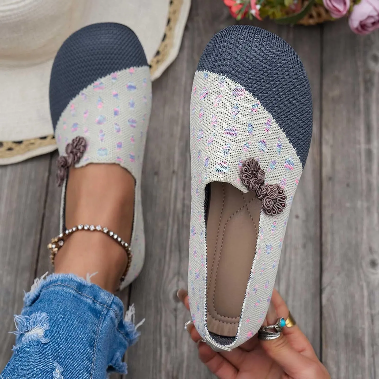 Women Flat Shoes Ballet Style Breathable Mesh Round Toe Slip On Casual Shoes for Spring Summer, Lightweight Foldable Travel Flats