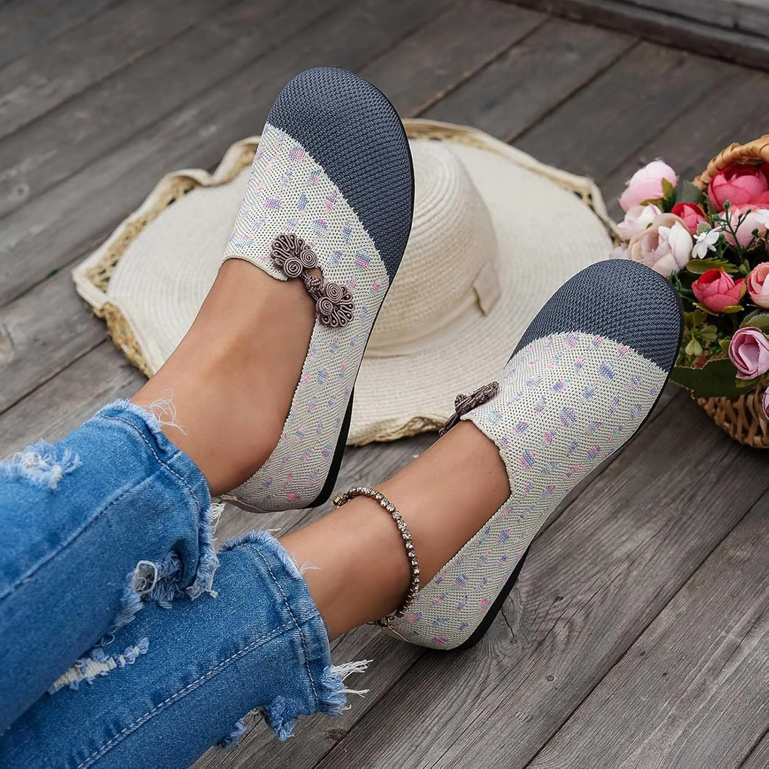 Women Flat Shoes Ballet Style Breathable Mesh Round Toe Slip On Casual Shoes for Spring Summer, Lightweight Foldable Travel Flats
