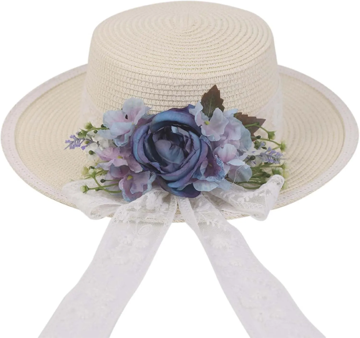 Women Straw Panama Hat Travel Beach Sun Hat Flower Decor sual Hat Flat-Topped Top Travel for Sun Brim Summer UV Hat