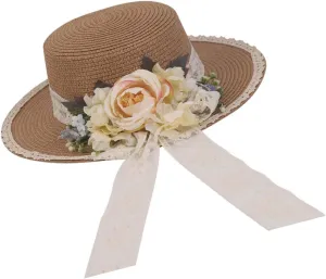 Women Straw Panama Hat Travel Beach Sun Hat Flower Decor sual Hat Flat-Topped Top Travel for Sun Brim Summer UV Hat