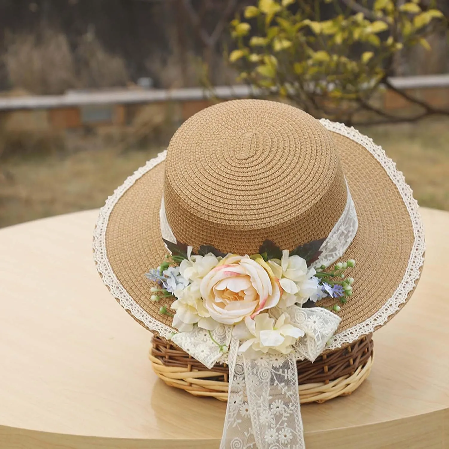 Women Straw Panama Hat Travel Beach Sun Hat Flower Decor sual Hat Flat-Topped Top Travel for Sun Brim Summer UV Hat