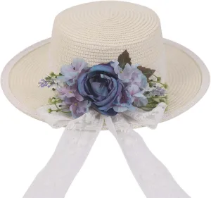 Women Straw Panama Hat Travel Beach Sun Hat Flower Decor sual Hat Flat-Topped Top Travel for Sun Brim Summer UV Hat