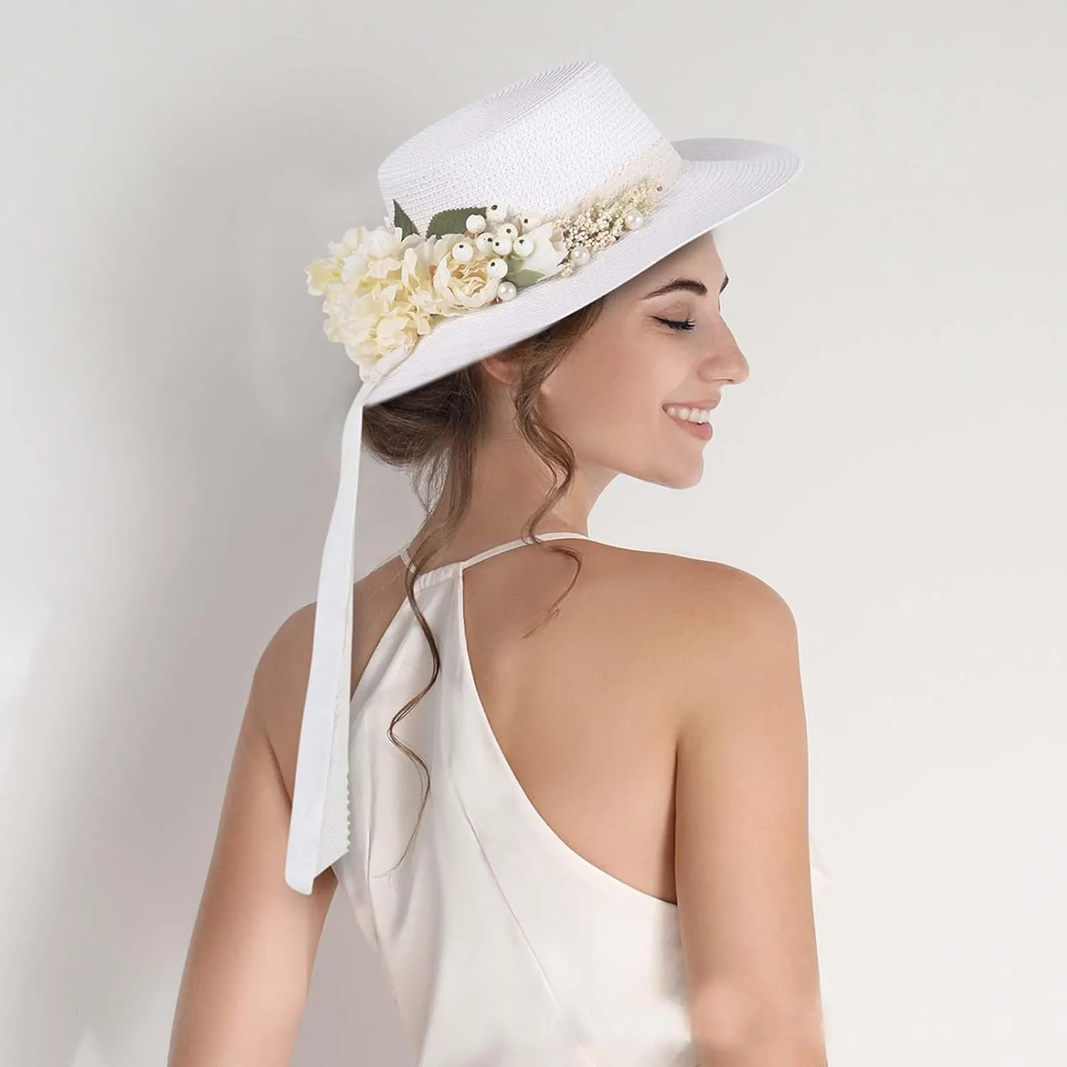 Women Straw Panama Hat Travel Beach Sun Hat Flower Decor sual Hat Flat-Topped Top Travel for Sun Brim Summer UV Hat