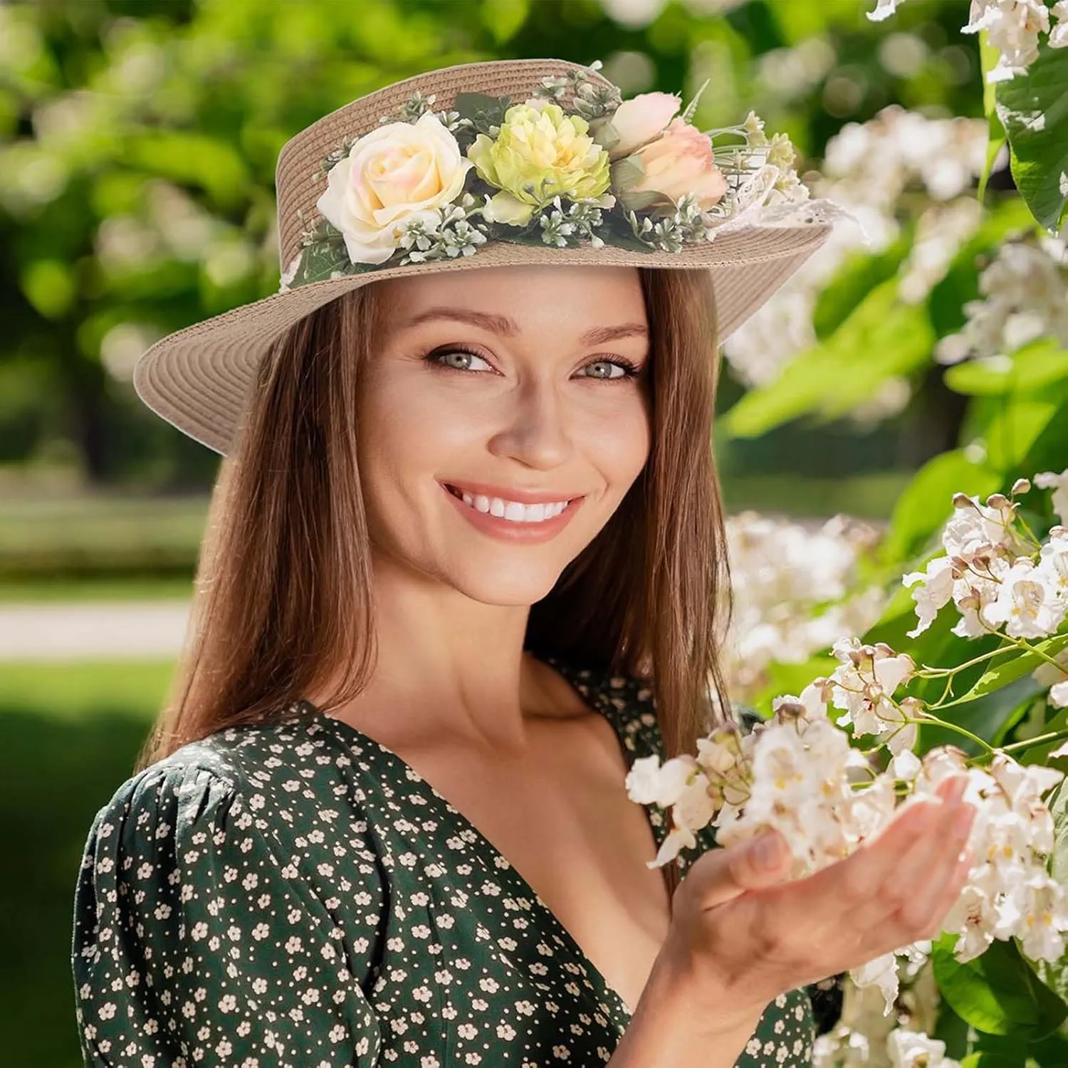Women Straw Panama Hat Travel Beach Sun Hat Flower Decor sual Hat Flat-Topped Top Travel for Sun Brim Summer UV Hat
