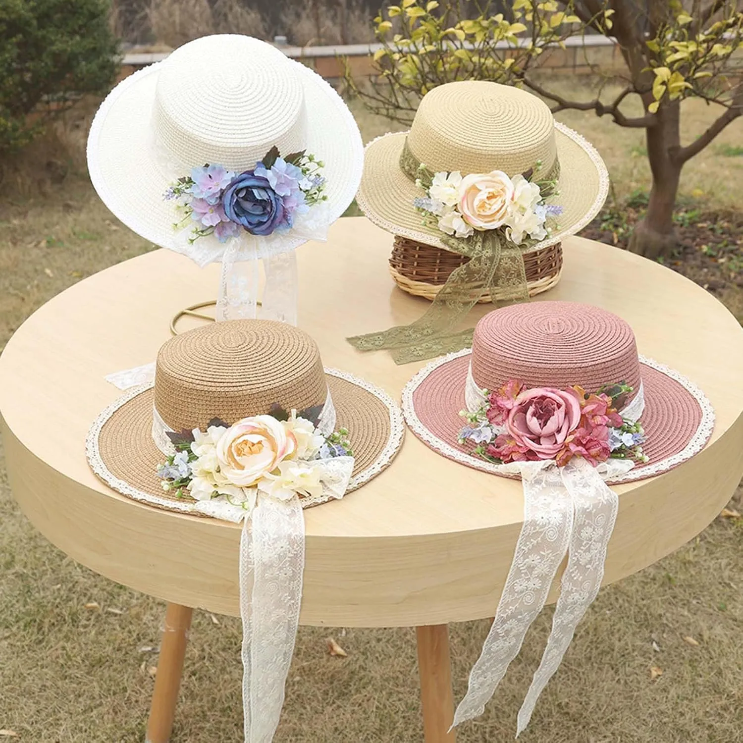 Women Straw Panama Hat Travel Beach Sun Hat Flower Decor sual Hat Flat-Topped Top Travel for Sun Brim Summer UV Hat