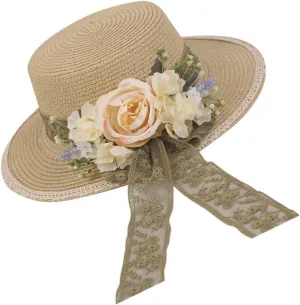 Women Straw Panama Hat Travel Beach Sun Hat Flower Decor sual Hat Flat-Topped Top Travel for Sun Brim Summer UV Hat