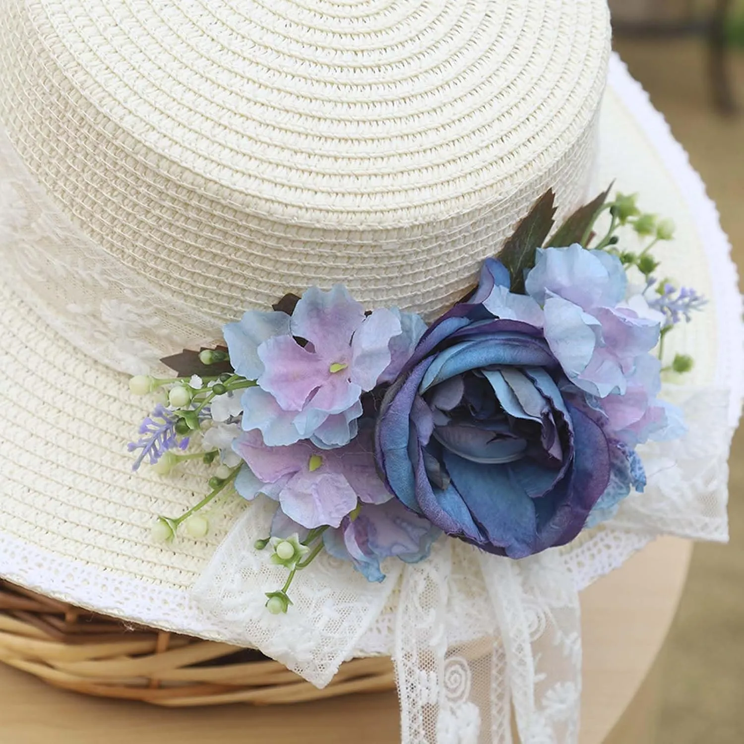 Women Straw Panama Hat Travel Beach Sun Hat Flower Decor sual Hat Flat-Topped Top Travel for Sun Brim Summer UV Hat