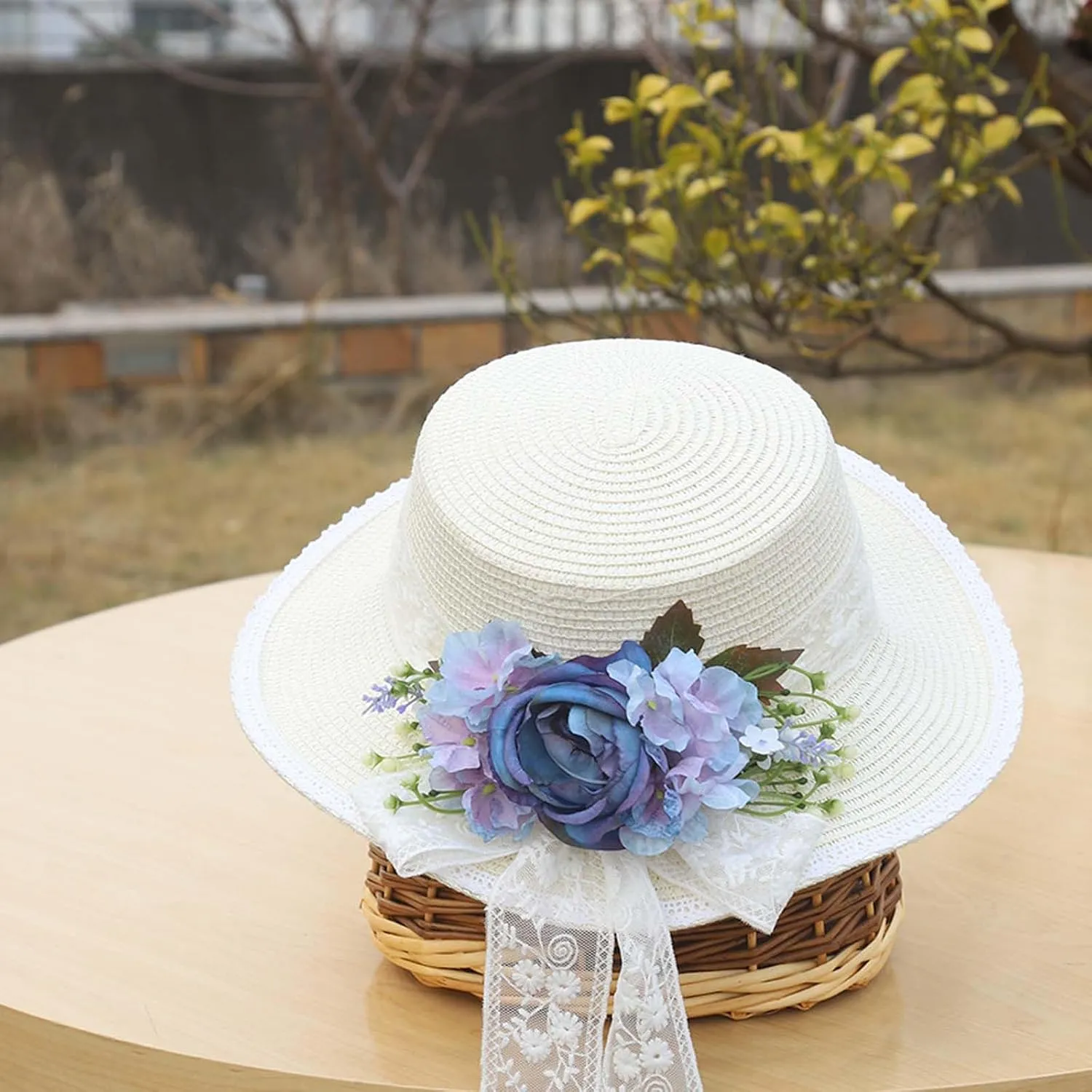 Women Straw Panama Hat Travel Beach Sun Hat Flower Decor sual Hat Flat-Topped Top Travel for Sun Brim Summer UV Hat
