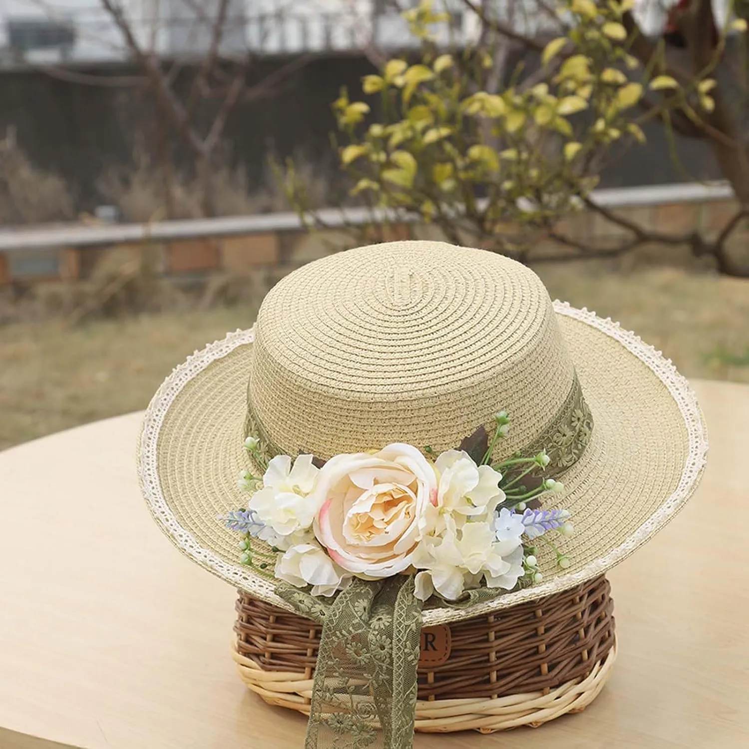 Women Straw Panama Hat Travel Beach Sun Hat Flower Decor sual Hat Flat-Topped Top Travel for Sun Brim Summer UV Hat