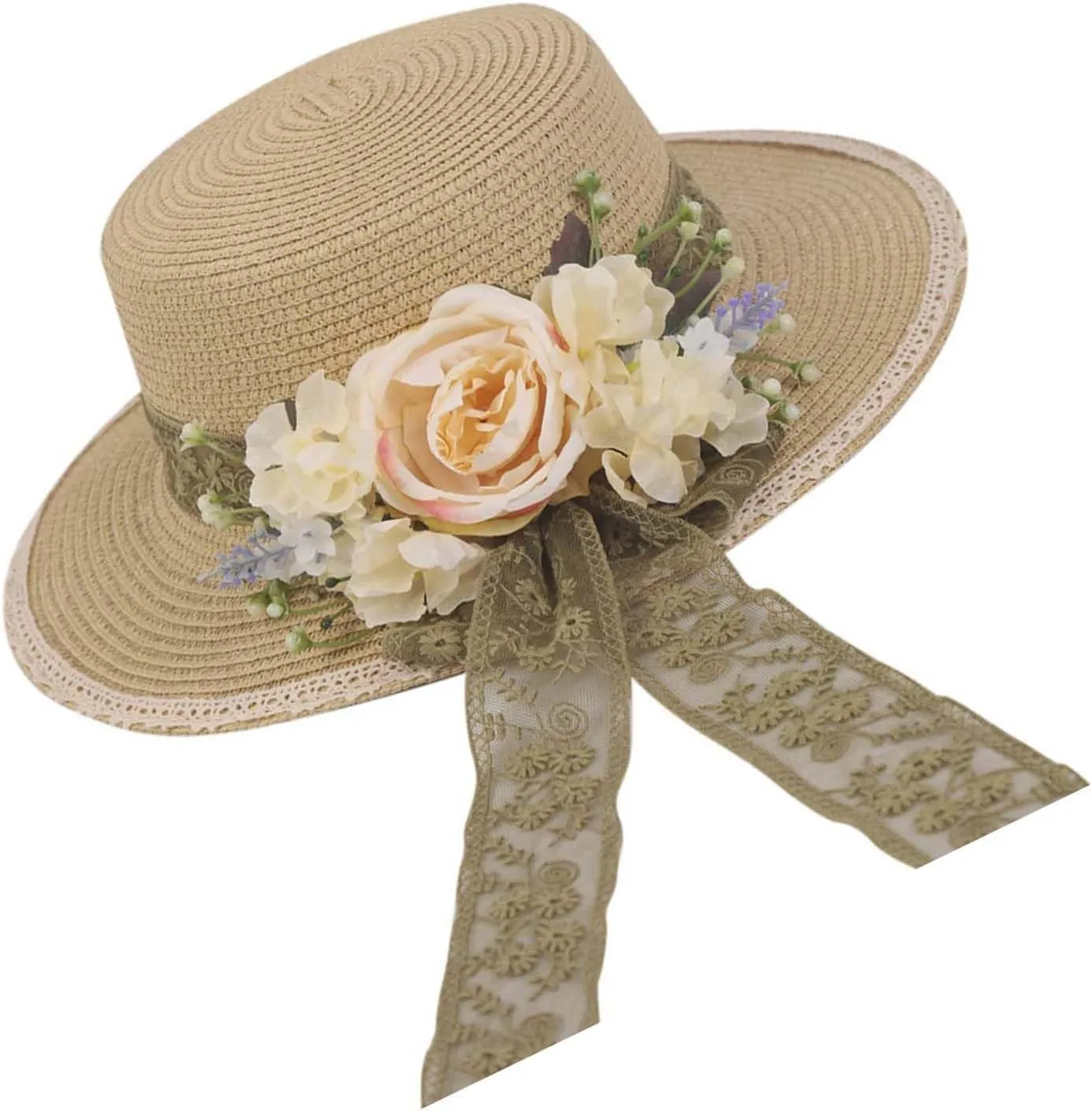 Women Straw Panama Hat Travel Beach Sun Hat Flower Decor sual Hat Flat-Topped Top Travel for Sun Brim Summer UV Hat