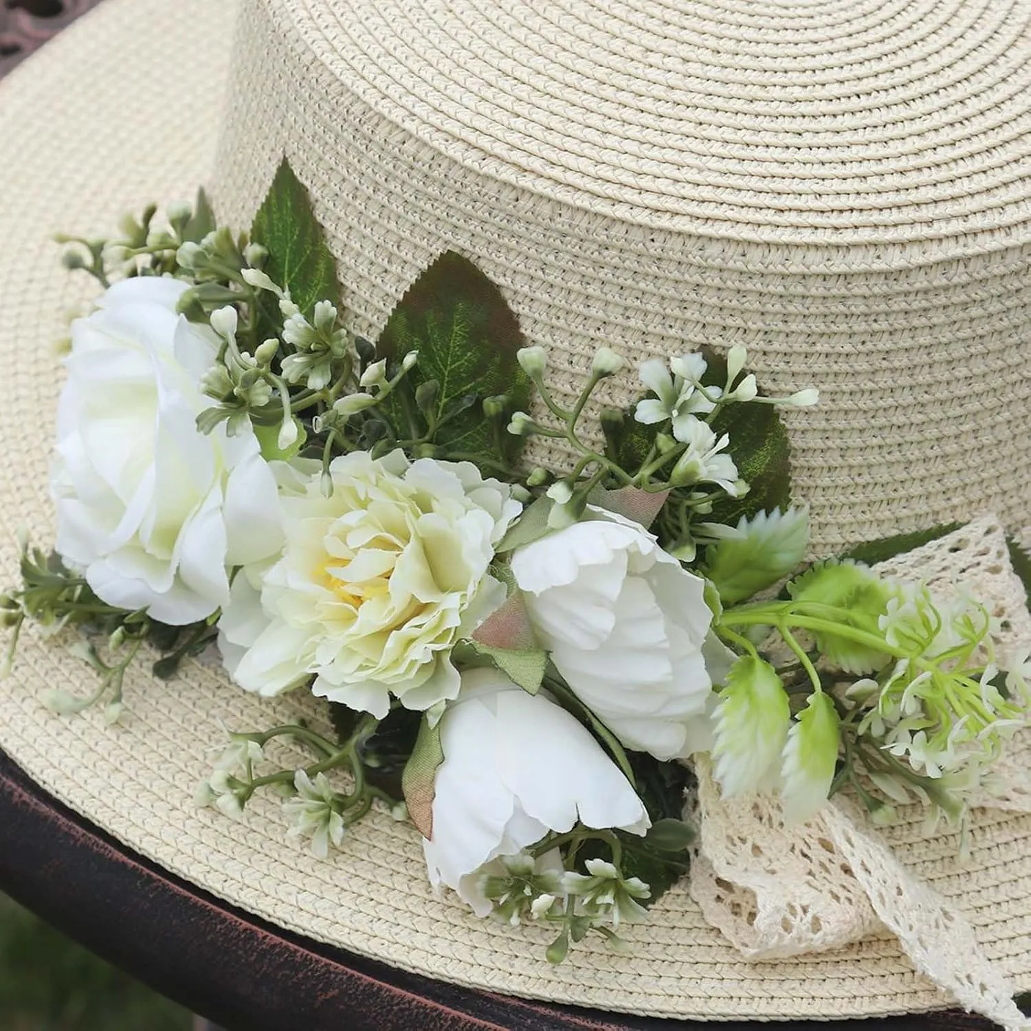Women Straw Panama Hat Travel Beach Sun Hat Flower Decor sual Hat Flat-Topped Top Travel for Sun Brim Summer UV Hat
