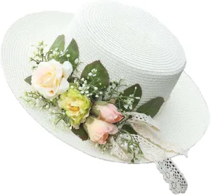 Women Straw Panama Hat Travel Beach Sun Hat Flower Decor sual Hat Flat-Topped Top Travel for Sun Brim Summer UV Hat