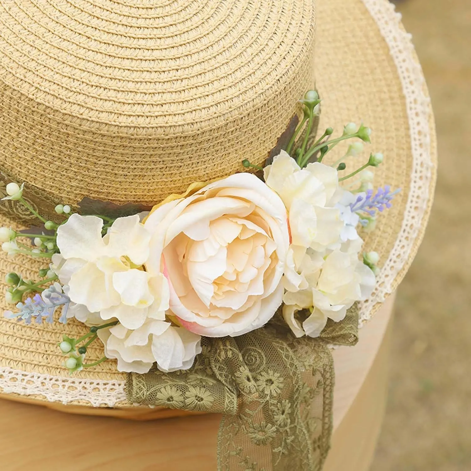 Women Straw Panama Hat Travel Beach Sun Hat Flower Decor sual Hat Flat-Topped Top Travel for Sun Brim Summer UV Hat
