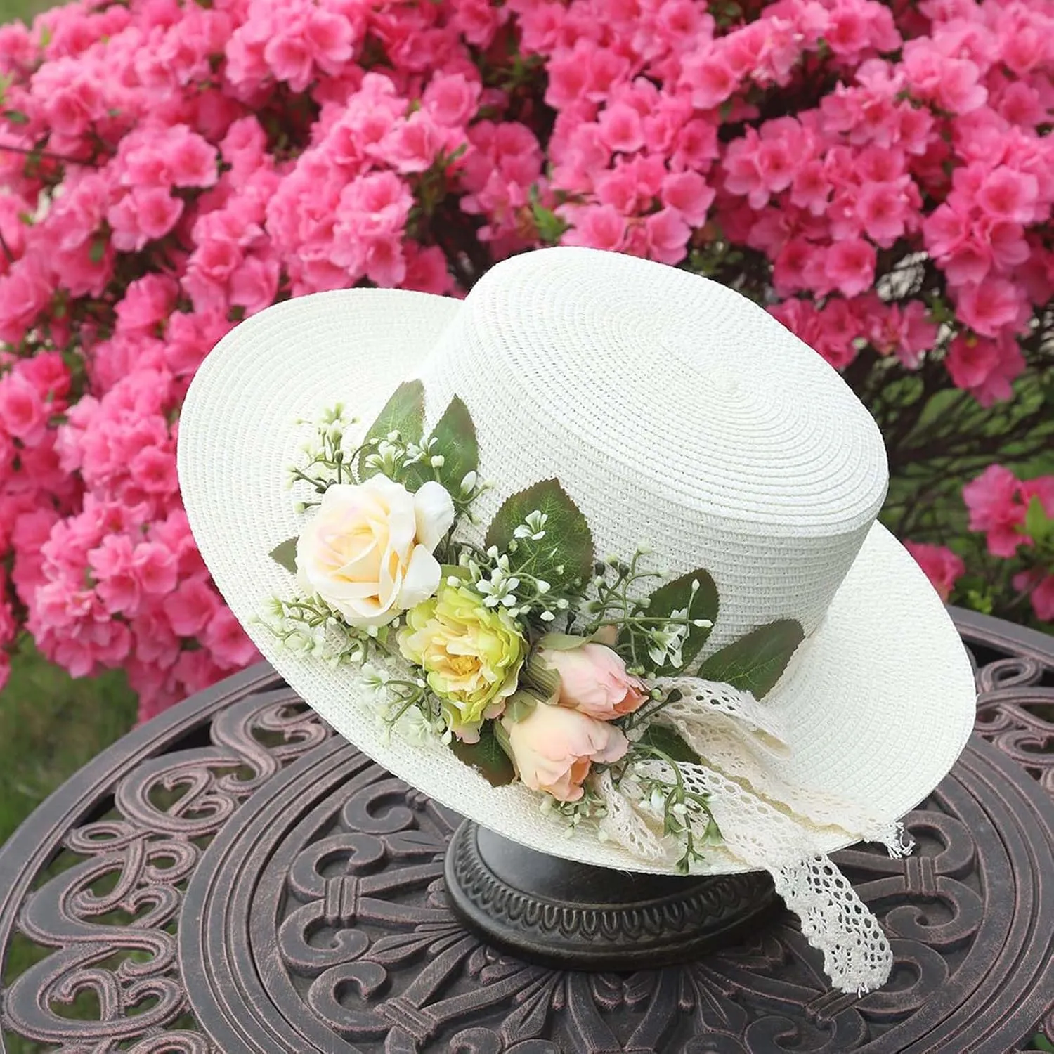 Women Straw Panama Hat Travel Beach Sun Hat Flower Decor sual Hat Flat-Topped Top Travel for Sun Brim Summer UV Hat