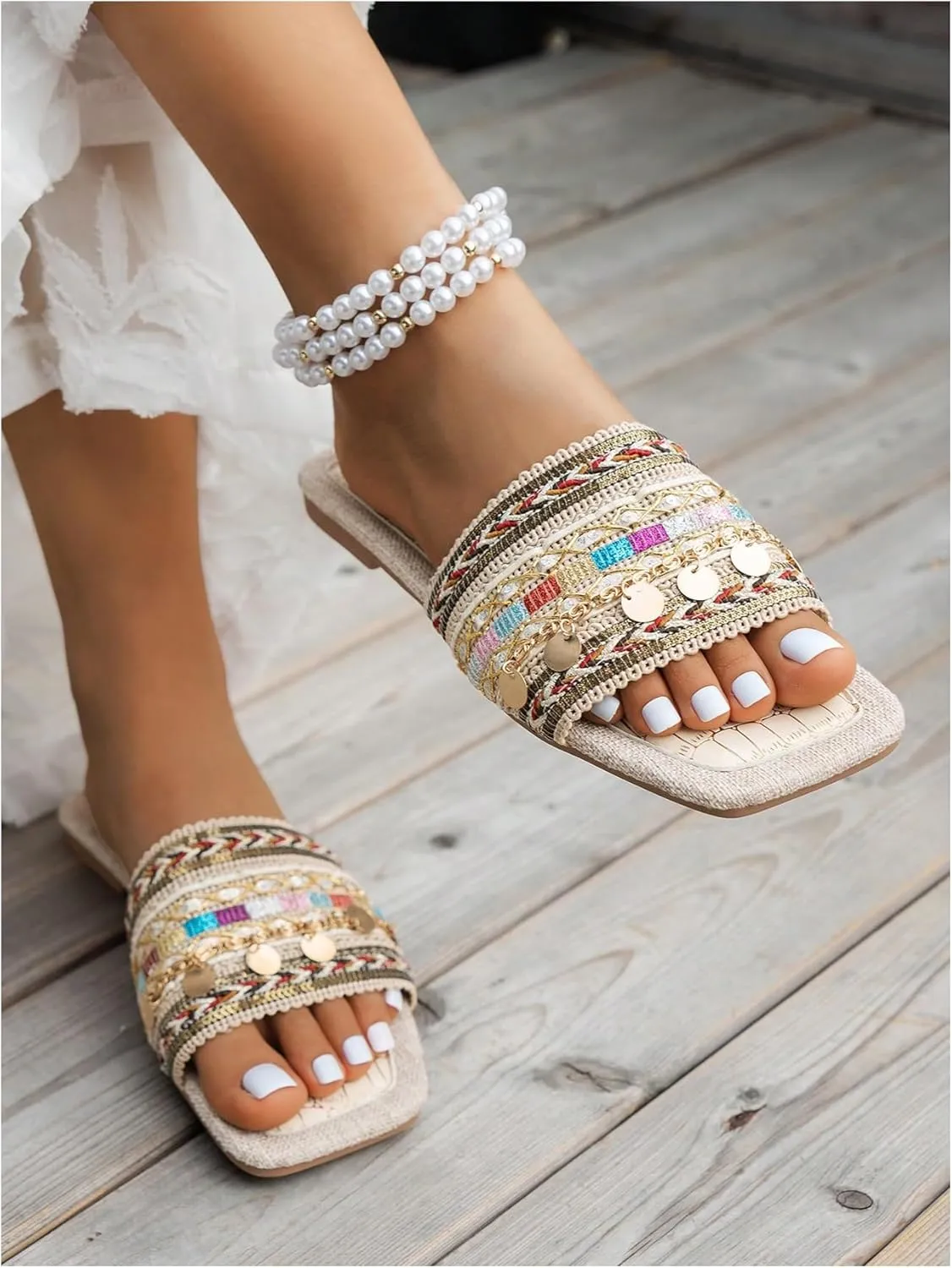 Women's Boho Embroidery Flat Sandals Square Open Toe Dressy Beach Slide Sandals