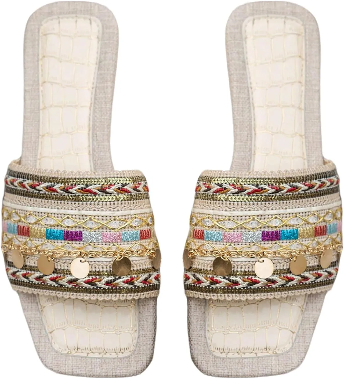 Women's Boho Embroidery Flat Sandals Square Open Toe Dressy Beach Slide Sandals