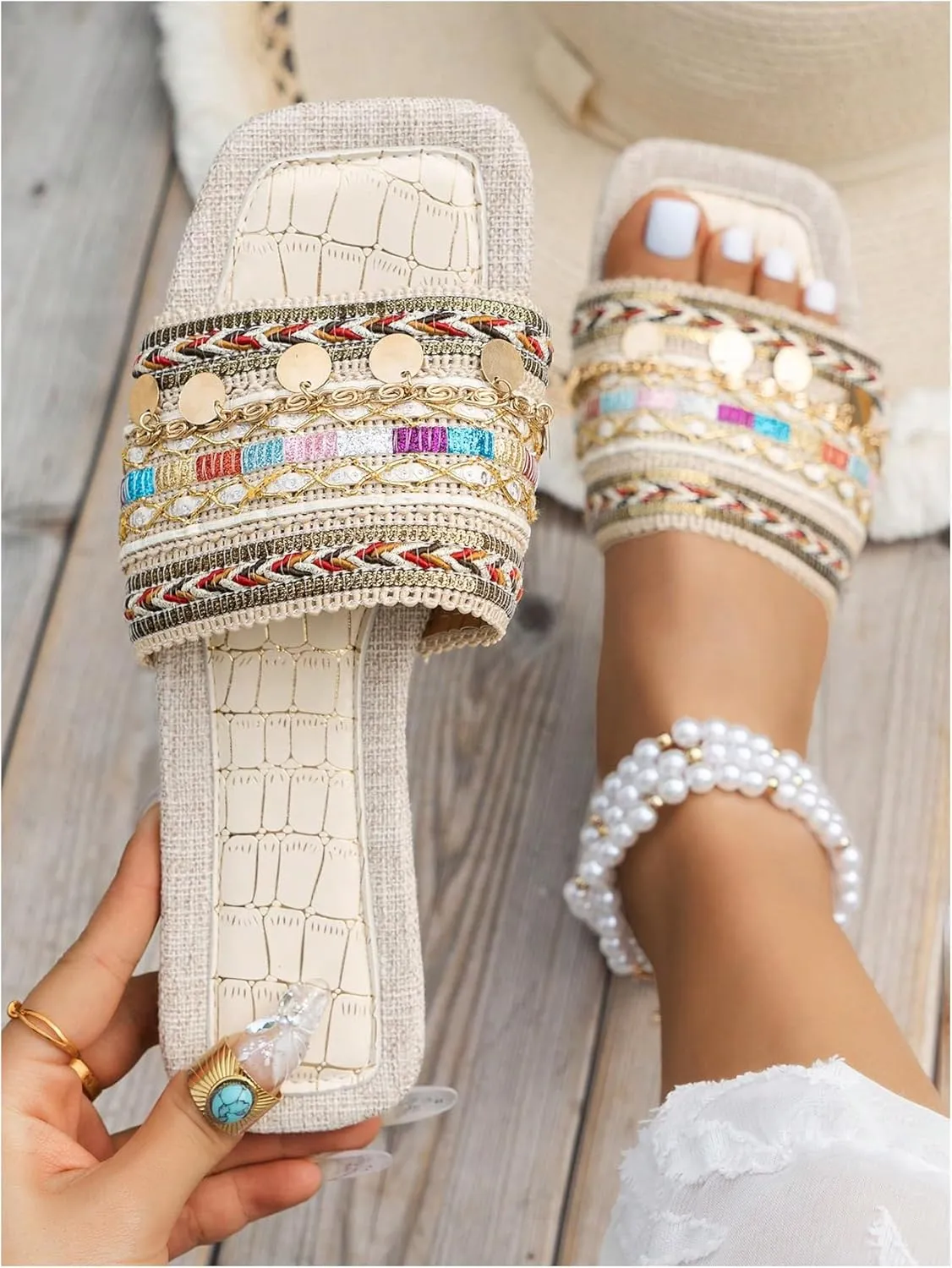 Women's Boho Embroidery Flat Sandals Square Open Toe Dressy Beach Slide Sandals