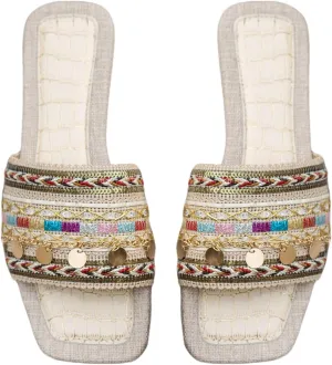 Women's Boho Embroidery Flat Sandals Square Open Toe Dressy Beach Slide Sandals