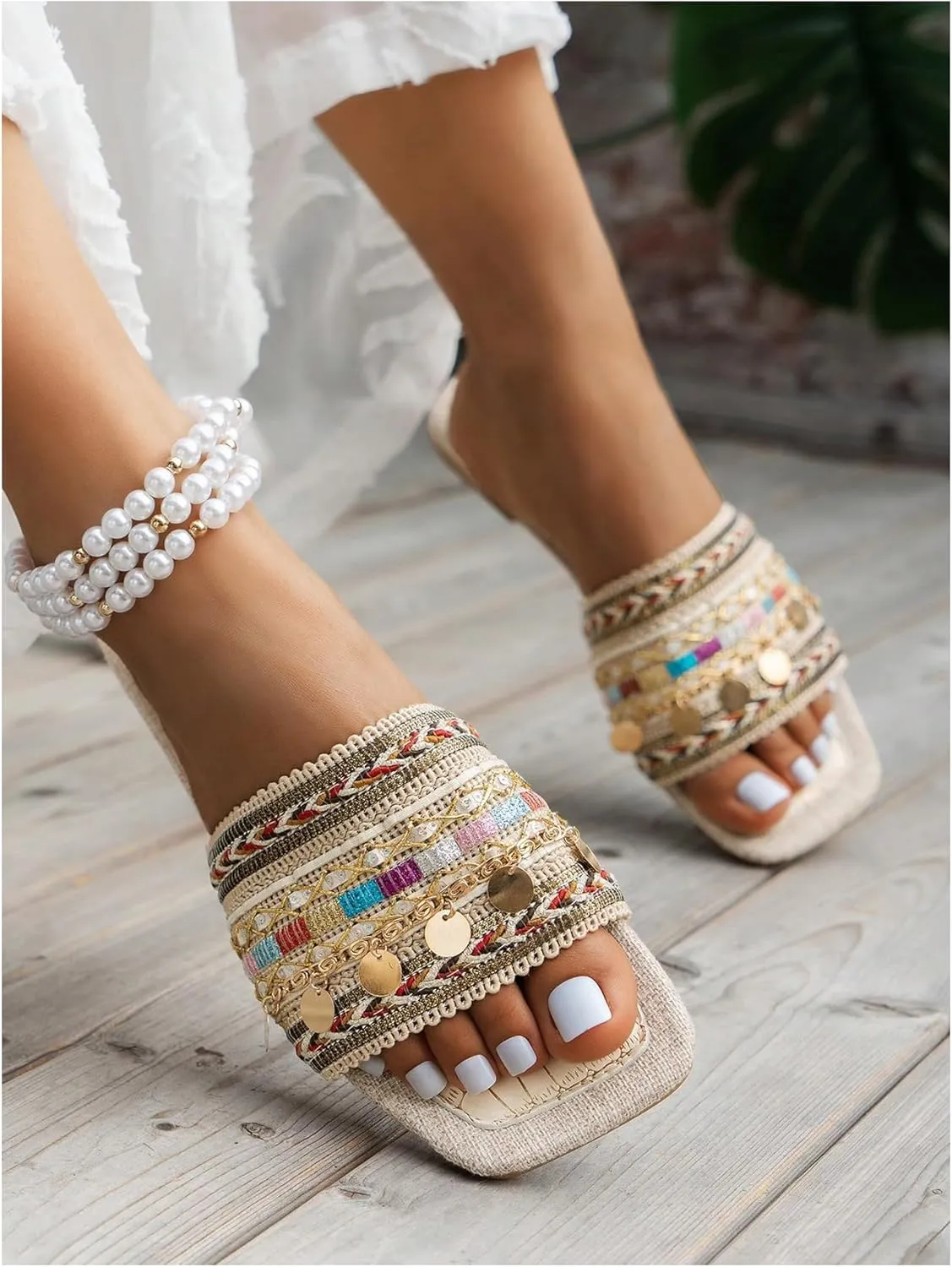 Women's Boho Embroidery Flat Sandals Square Open Toe Dressy Beach Slide Sandals