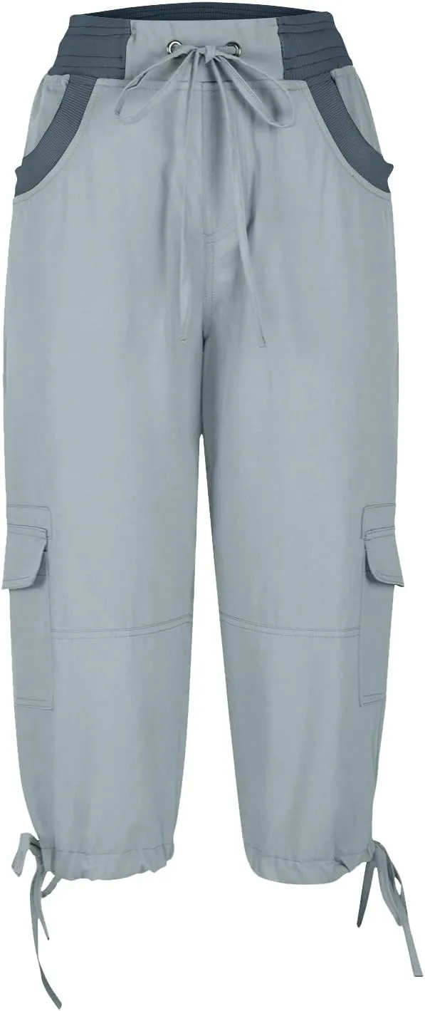 Womens Cargo Capris Pants Summer Casual Drawstring Low Waisted Hiking Jogger Outdoor Athletic 3/4 Trousers Pockets