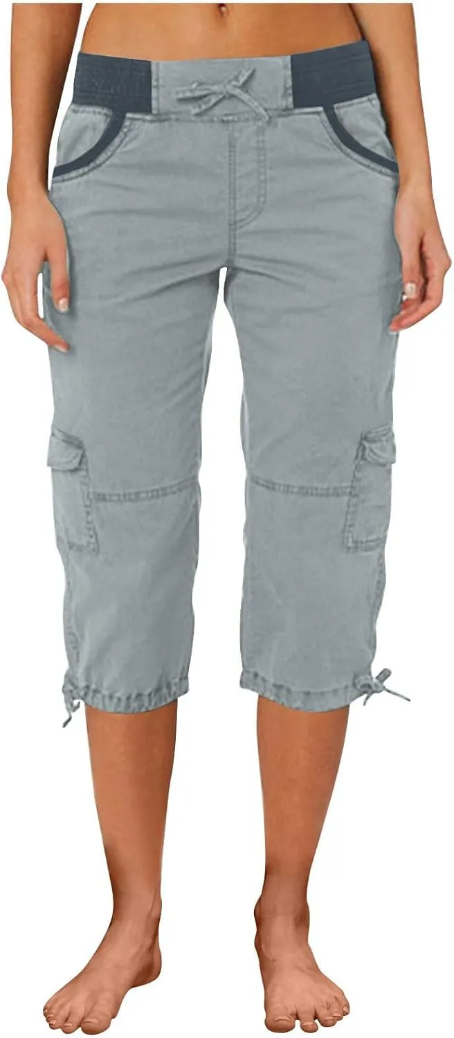 Womens Cargo Capris Pants Summer Casual Drawstring Low Waisted Hiking Jogger Outdoor Athletic 3/4 Trousers Pockets