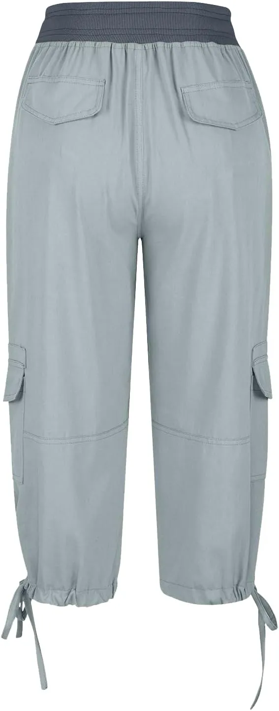 Womens Cargo Capris Pants Summer Casual Drawstring Low Waisted Hiking Jogger Outdoor Athletic 3/4 Trousers Pockets