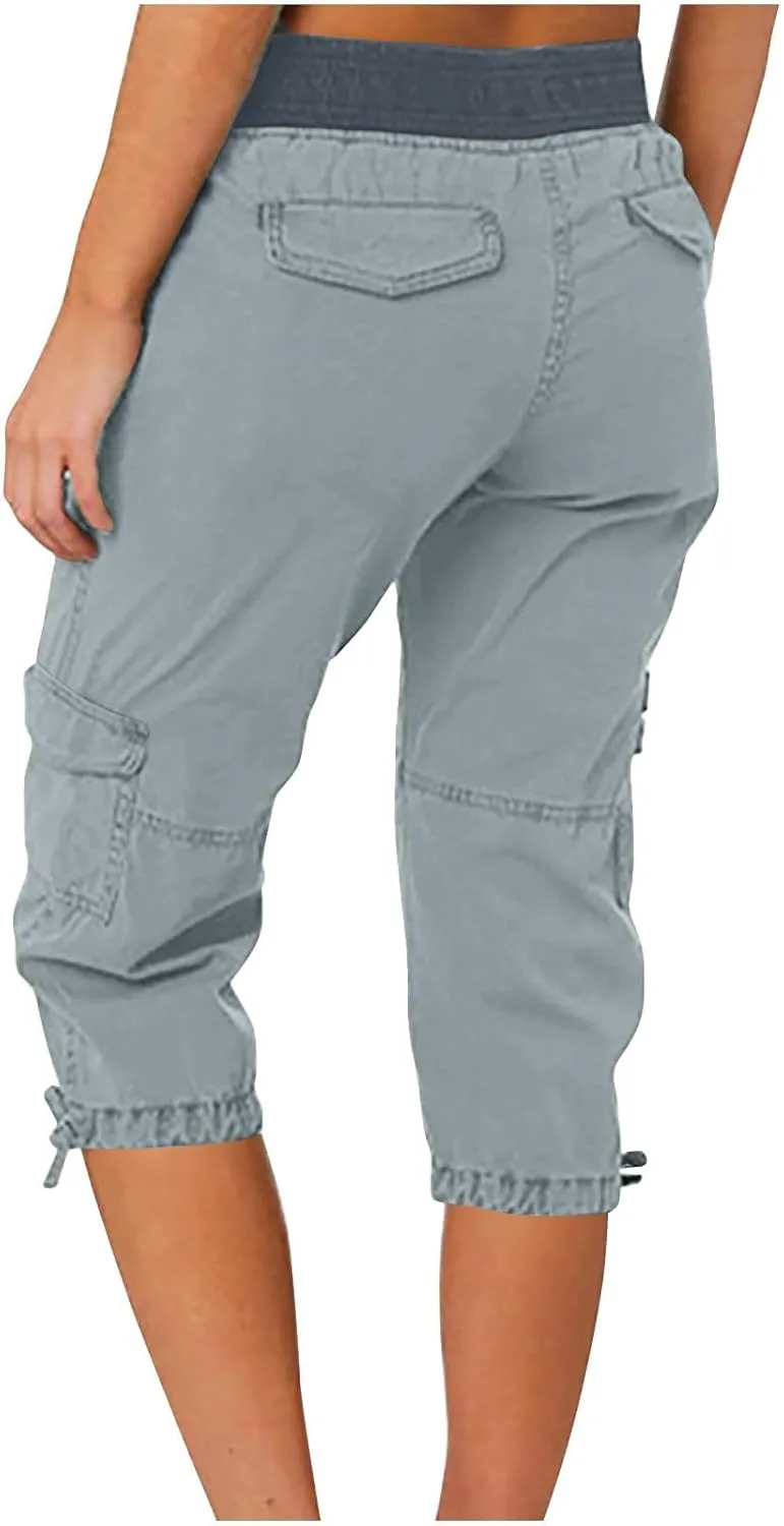 Womens Cargo Capris Pants Summer Casual Drawstring Low Waisted Hiking Jogger Outdoor Athletic 3/4 Trousers Pockets