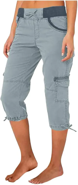 Womens Cargo Capris Pants Summer Casual Drawstring Low Waisted Hiking Jogger Outdoor Athletic 3/4 Trousers Pockets
