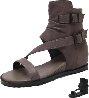 Women's Cross Ankle Strap Gladiator Flat Sandals,Fashion Open Toe with Buckle High Top Back Zipper Roman Sandals