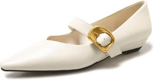 Women's Leather Closed Pointed Toe Mary Jane Flat Shoes Adjustable Buckle Slip On Comfortable Ballet Flats Casual Work Wedding Party Dress Shoes